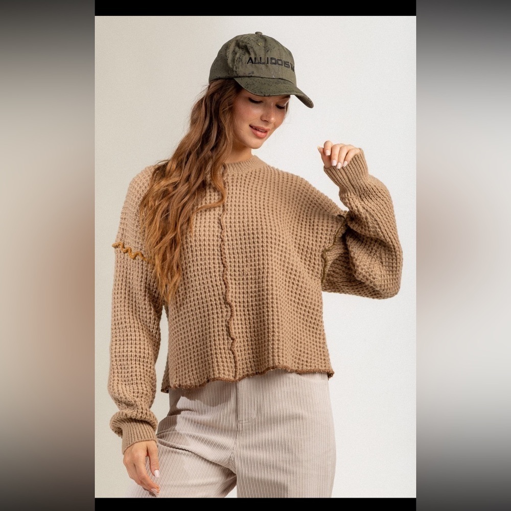 Very J Mocha Stitch Detail Casual Round Neck Sweater